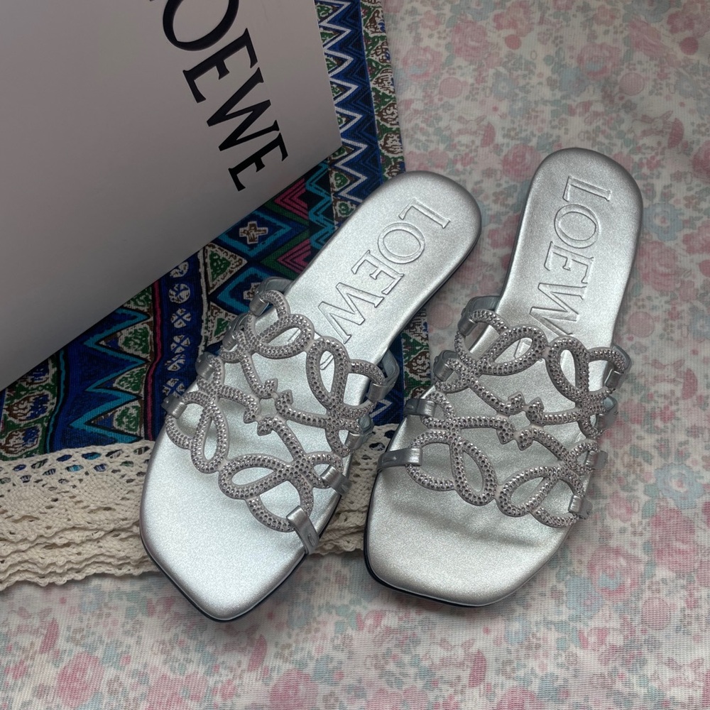 Loewe Silver Crystal-Trim Slide Sandals